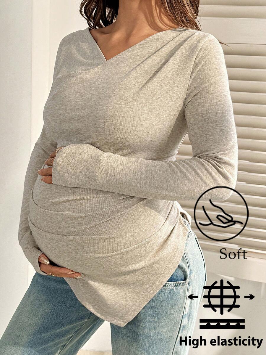 SHEIN 孕妇纯色V领长袖褶皱休闲修身T恤