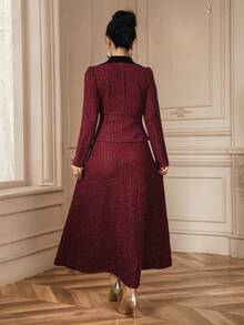 DAZY Women's Textured Velvet Contrast Collar Splice Jacket And Long Skirt Elegant Urban Casual 2-Piece Set - Burgundy - View 5