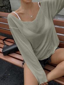 DAZY Áo thun nữ dáng rộng, cổ chữ V sâu, tay dài, chất liệu mỏng nhẹ, phong cách thường ngày, thích hợp cho mùa hè, phong cách Y2K, xuân, lễ Phục sinh. - màu xanh lá - Xem 4