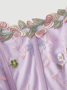 SHEIN MOD 女士优雅花卉刺绣拼接无袖中长连衣裙，休闲日常穿着 - 紫色 - 查看 4