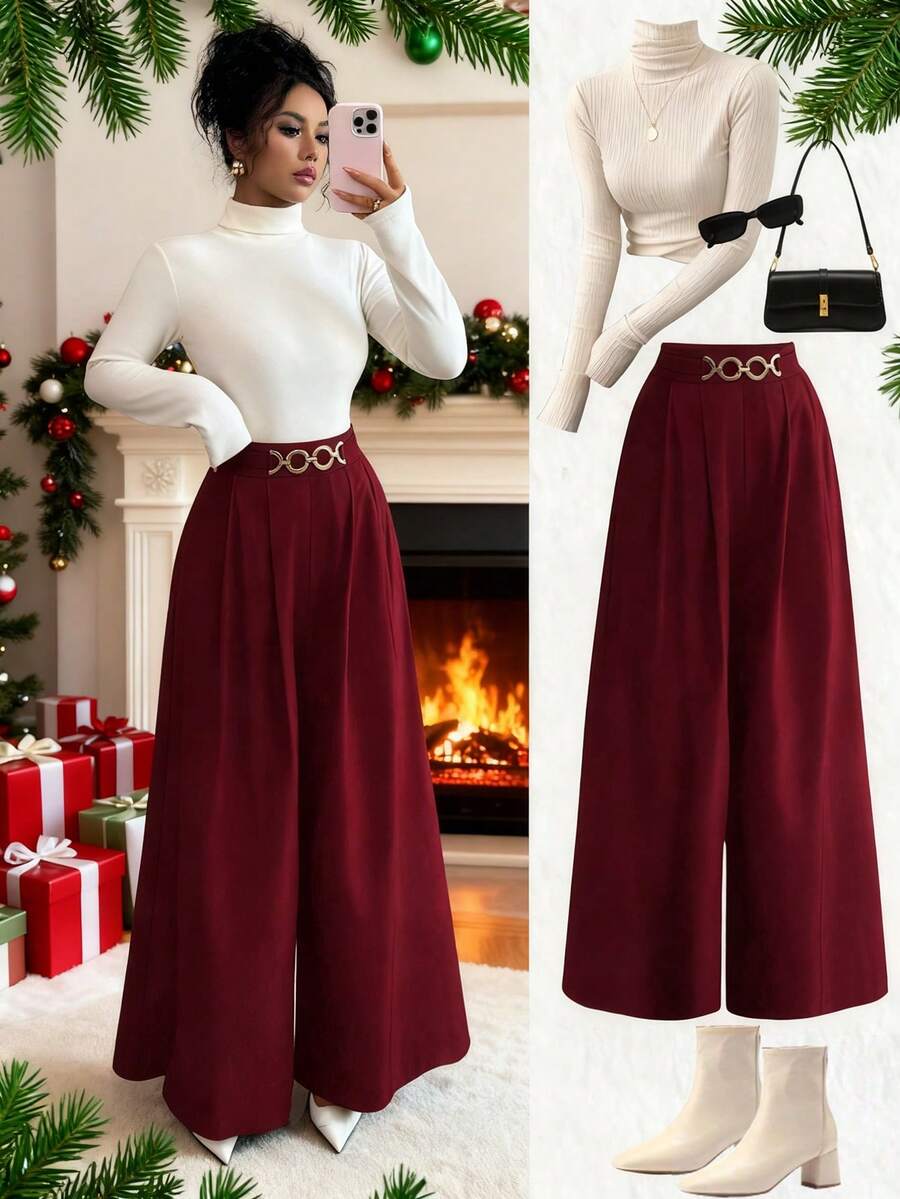 Selianne New Women High Waist Side Zipper Decor Button Design Flared Leg Casual Elegant Trousers, Suitable For Spring And Autumn