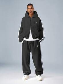 PLAYBOY X SUMWON Quần jogger ống rộng có họa tiết sọc hai bên và dây rút ở eo tạo sự thoải mái khi mặc thường ngày - Màu xám đen - Xem 3