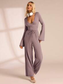 Glamine Mono informal de mujer de unicolor con cuello en V y cordón - Púrpura polvoriento - Ver 4