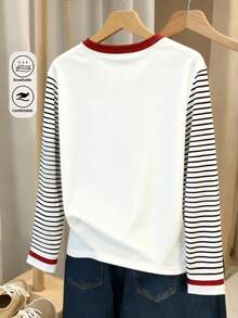 SHEIN 女士休闲条纹圆领宽松长袖T恤，秋季时尚百搭优雅女式T恤，腰部收紧多色条纹拼接短袖T恤，休闲户外上衣，亮色图案设计，适合散步、旅行、街头摄影 - 彩色 - 查看 2