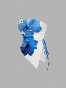 MOD 4 piezas Parte superior corta ajustada tipo tubo, con lazo en la cintura, top bandeau estampado, top corto sin tirantes, paquete de 4 tops bandeau tipo tubo para mujer con detalle de fruncido y cordón, estampado floral, para primavera/verano, té, salir - Marrón 3 - Ver 11