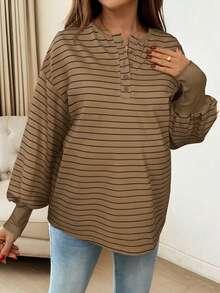 SHEIN 孕妇休闲条纹落肩纽扣长袖T恤，秋季哺乳上衣 - 摩卡棕 - 查看 4