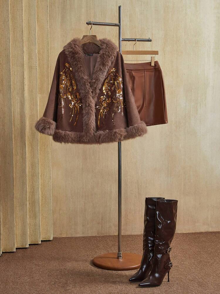 Women's Sequin Design Luxurious Fox Fur Patchwork Cape Jacket