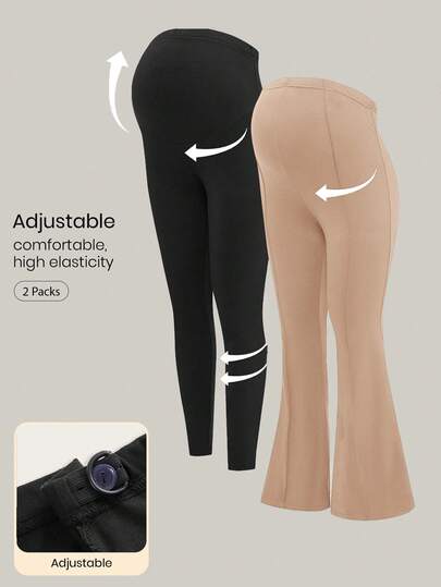 Modmama 2 piezas Pantalones de maternidad acampanados de unicolor con cintura ajustable y cinturilla ancha