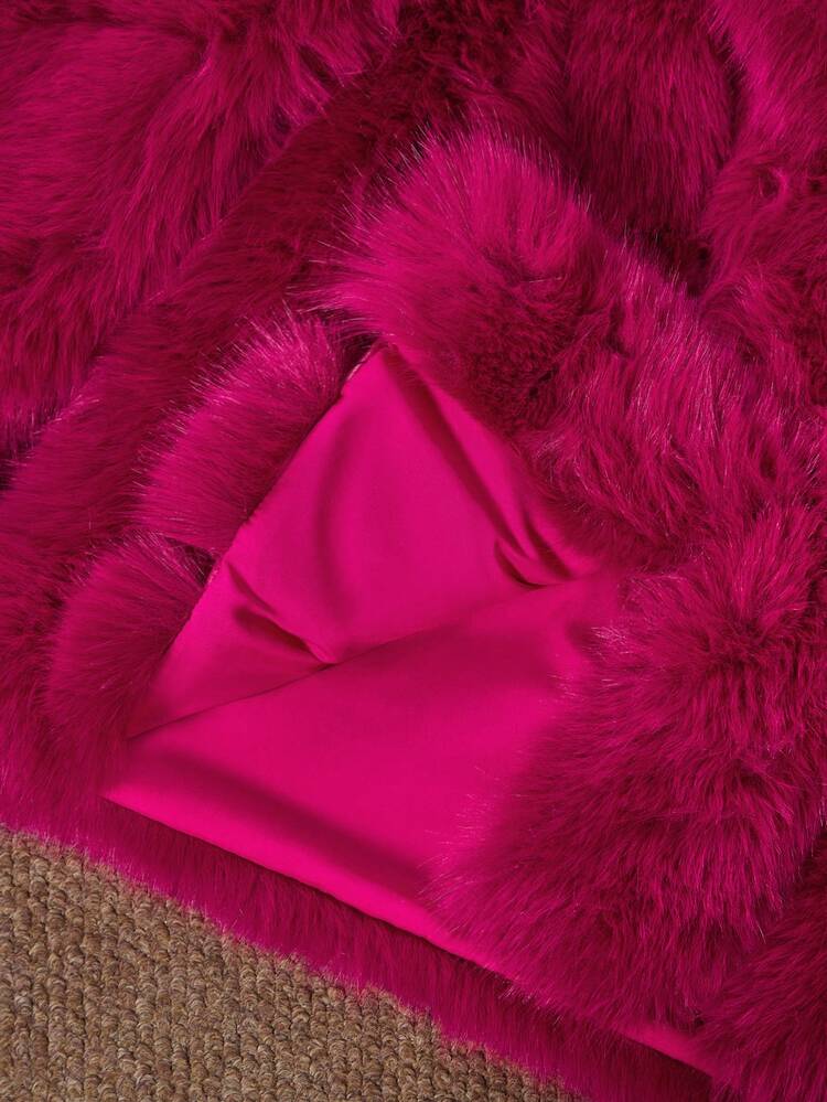 バーガンディ PU スプライシング フォックスファー ショート フード付き フェイクファー コート レディース、秋冬