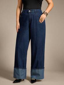 Auralis Quần jean ống rộng cài nút đa năng thời trang thường ngày cho nữ cỡ lớn - màu nâu - Xem 3