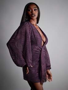 Hauture 女士性感动物纹印花深V领宽松流苏细节优雅长袖迷你连衣裙 - 中紫紅色 - 查看 4