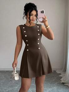 Elenzga Plus Size Round Neck Sleeveless Double-Breasted Crystal Shell Button Cinched Waist Elegant Mini Dress, Versatile Casual Dress, Pink - Coffee Brown - View 6
