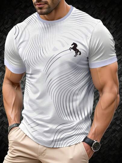 Manfinity Dauomo Men'S 3D Stripe Print Short Sleeve T-Shirt - Regular Fit Round Neck Casual Top, Machine Washable All-Season Comfort, Fashionable Durable Streetwear Tee With Black Horse Graphic, Comfortable Clothing | Streetwear Style | Stretchable Fabric