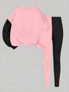 2pcs Young Girls Casual K-Pop Cartoon Character Print Long Sleeve Crew Neck Sweatshirt And Knit Leggings Set, Colorblock Graphic, Comfortable Knit Long Sleeve Outfit For Girls, Suitable For Autumn/Winter - Multicolor - View 5