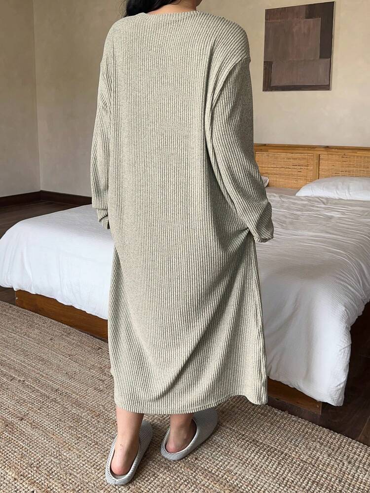 Dazy Plus Plus Size Women Loose Fit Solid Color Ribbed Long Nightgown, Casual Homewear