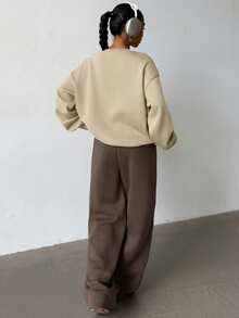 SHEIN 2pcs/Set Teen Girls Loose Fit Pullover Pullover Sweatshirt + Wide Leg Pants, Casual & Fashionable Everyday Wear - Brown - View 2
