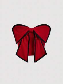 SHEIN MOD Parte superior con contraste de color negro y rojo con lazo, elegante para mujer en otoño/invierno, top bandeau, para Navidad, para San Valentín, blusas lindas, para té, modesto, parte superior de fiesta, para salir, de manga larga, para Año Nuevo, para San Valentín, blusa roja con lazo - Rojo - Ver 2