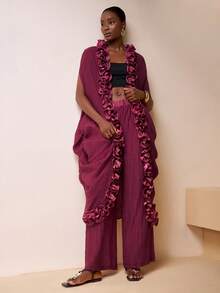 Zivah 2025秋冬季新年、情人节、派对、宴会、约会、生日派对、学院风、学生装、日常出行、百搭基础款、休闲、邮轮旅行、爆款、优雅、通勤、商务休闲、极简主义，开襟无袖侧褶不对称下摆斗篷上衣搭配宽松阔腿裤（带口袋），紫色竖条纹纹理面料，女士两件套 - 中紫紅色 - 查看 8