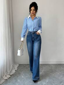 Elenzga Quần jean ống đứng ôm dáng thường ngày dành cho nữ - Rửa trung bình - Xem 3