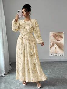 Modelyn Chiffon Butterfly Print Ruched Round Neck Long Sleeve Dress - Yellow - View 1