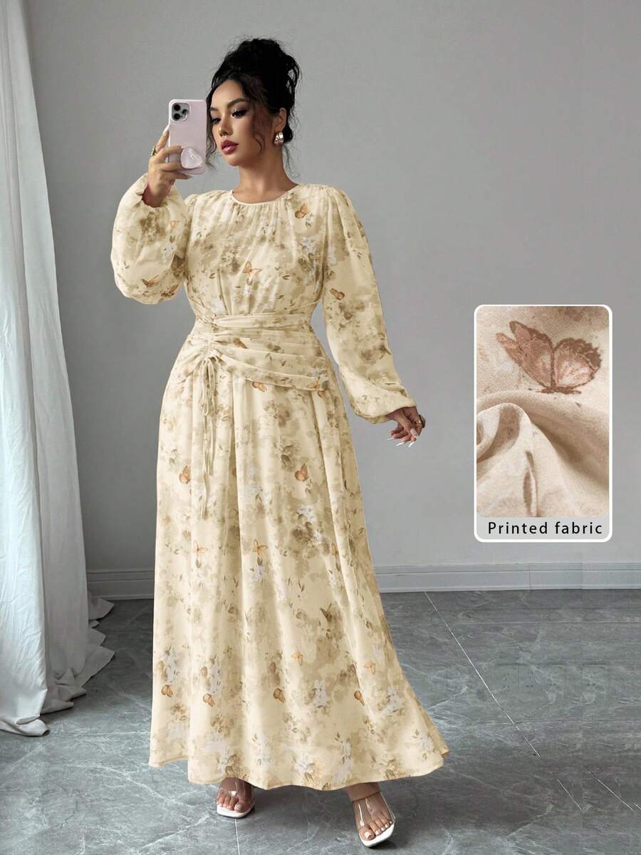 Modelyn Chiffon Butterfly Print Ruched Round Neck Long Sleeve Dress - Yellow - View 1