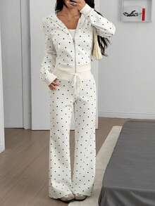 SHEIN EZwear 女士波点印花修身卫衣和喇叭裤套装 - 白色 - 查看 1