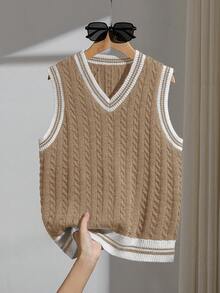 SHEIN Áo vest len cổ chữ V màu xanh hải quân cho bé trai tuổi teen, chất liệu mềm mại và thoải mái, phù hợp mặc hàng ngày, ngoài trời, du lịch, nghỉ mát, ở nhà, đi nhà trẻ. Áo vest len cổ chữ V màu nâu, áo vest len kiểu varsity, áo vest len dệt kim, áo vest họa tiết argyle, áo vest len dệt kim, áo vest nữ, áo vest cổ chữ V, áo vest không tay, áo vest len kiểu preppy. - Màu Khaki - Xem 1