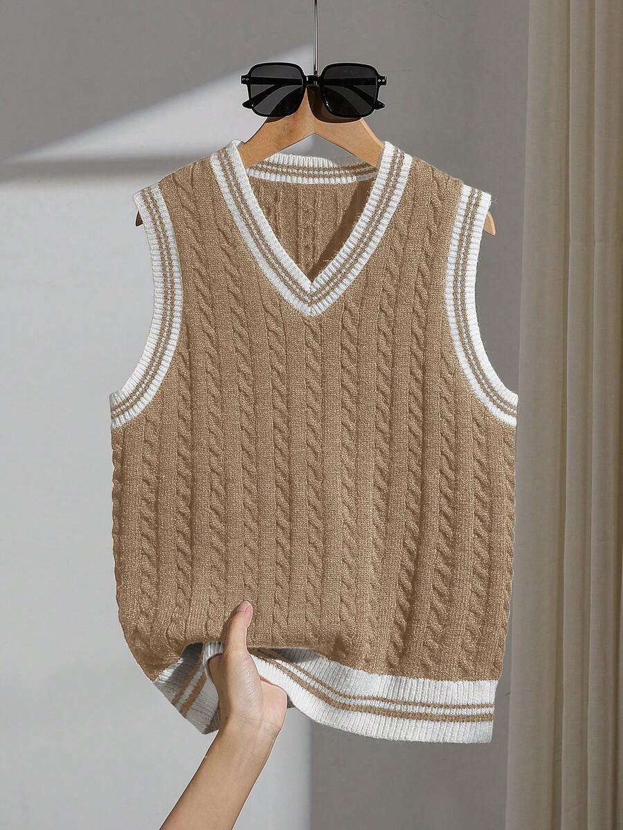 SHEIN Áo vest len cổ chữ V màu xanh hải quân cho bé trai tuổi teen, chất liệu mềm mại và thoải mái, phù hợp mặc hàng ngày, ngoài trời, du lịch, nghỉ mát, ở nhà, đi nhà trẻ. Áo vest len cổ chữ V màu nâu, áo vest len kiểu varsity, áo vest len dệt kim, áo vest họa tiết argyle, áo vest len dệt kim, áo vest nữ, áo vest cổ chữ V, áo vest không tay, áo vest len kiểu preppy. - Màu Khaki - Xem 1