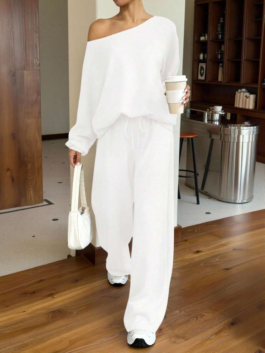 Muchica Women Casual Simple Solid Color Oblique Shoulder Loose Sweatshirt And Sweatpants Set, Autumn - White - View 1