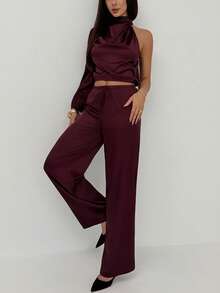Aloruh Women's Burgundy Autumn 2 Pieces Set Solid Color Turtleneck Asymmetric Loose Top And Wide Leg Pants,Seksi Chic Night Out Business Casual Outfits - Dusty Purple - View 6