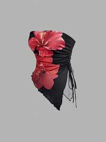MOD Top bustier con pliegues en la cintura atada a los lados, top tubo con estampado retro, top de otoño, top para salir, top de tirantes marrón - Rosa coral - Ver 8