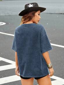 SHEIN EZwear 女士夏季藍色針織寬鬆復古磨損休閒T恤 - 藍色 - 查看 2
