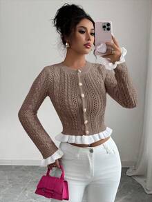 Elenzga Women's Autumn New Knitted Fitted Round Neck Ruffle Cuff Short Cardigan, Metal Button Design, Sweet, Versatile For Date And Valentine's Day - Apricot - View 4