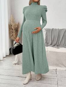 SHEIN 孕妇纯色高领泡泡袖休闲连衣裙 - 綠色 - 查看 3