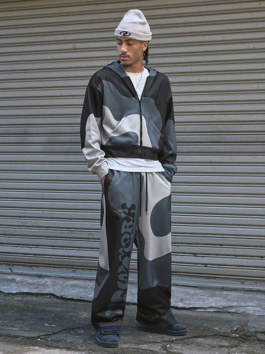 AXEPEAK 男士休闲连帽卫衣撞色拼接印花宽松卫衣开衫两件套 男士两件套 男士街头服饰套装 男士运动套装 - 彩色 - 查看 1