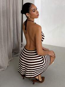 Glamine Elegant White And Brown Striped Knit Dress For Women,Chic Deep V Neck Draped Neck Backless Summer Vacation Holiday Short Party Dresses - Multicolor - View 2