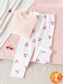 Genkimix Kids 4pcs/2sets Tween Girl Fashionable Pink Solid Plush Thick & Soft Material + Cherry Print Loose Casual Pants Set, Comfortable & Soft, Suitable For Autumn/Winter - Multicolor - View 4