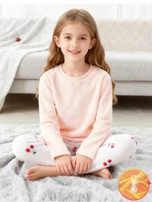 Genkimix Kids 4pcs/2sets Tween Girl Fashionable Pink Solid Plush Thick & Soft Material + Cherry Print Loose Casual Pants Set, Comfortable & Soft, Suitable For Autumn/Winter - Multicolor - View 10