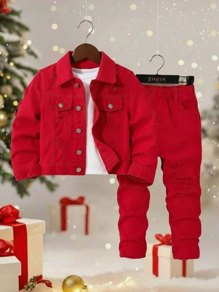 SHEIN 2 Peças Conjunto de Moda Casual Jovem Masculino, Jaqueta de Manga Longa em Denim Verde Desbotado e Calça Denim Skinny Stretch, Adequado para Uso Diário e Volta às Aulas - Vermelho - Visão 1