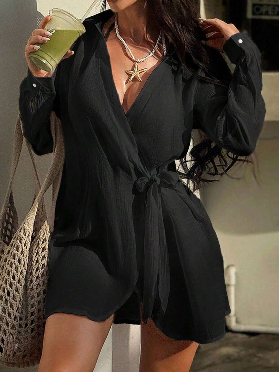 Swim Vcay Women's Fashionable Solid Color Twist Knot Kimono Cover Up (Open Front) - Black - View 1