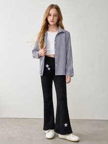 Tween Girl Casual Black Winter School Pants,Star Decorated Elastic Waist Double&Single Star Print Hem Micro Flared Velvet Sweatpants For Spring Autumn - Black - View 6
