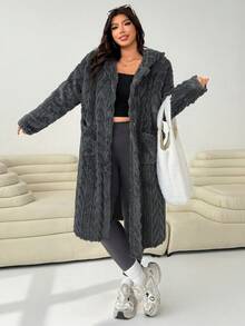 SHEIN EZwear Áo khoác dài bằng vải nỉ dày dặn, họa tiết cỡ lớn màu xám đậm, thời trang thu đông - Màu xám đen - Xem 4