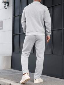Manfinity CasualCool 男士纯色插肩袖拉链休闲百搭简约设计外套套装 男士针织套装 男士休闲套装 男士运动服套装 灰色套装 男士慢跑套装 - 灰色 - 查看 2