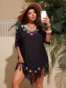 Swim Lushoire Plus Size V-Neck Loose Flowy Tassel Decor Crochet Trim Beach Cover Up - Black - View 6