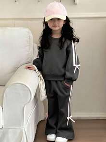 Dazy Kids 2pcs/Set Young Girls Round Neck Knit Sweatshirt Set, Fall Spring - Grey - View 6