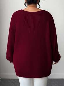 SHEIN Tall CURVE 大码女式纯色休闲V领插肩袖套头毛衣 - 酒紅色 - 查看 2
