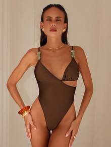 Swim Chiccia Women's Coffee Brown Solid Asymmetric Beaded One-Piece Swimsuit, Spring/Summer - Coffee Brown - View 1