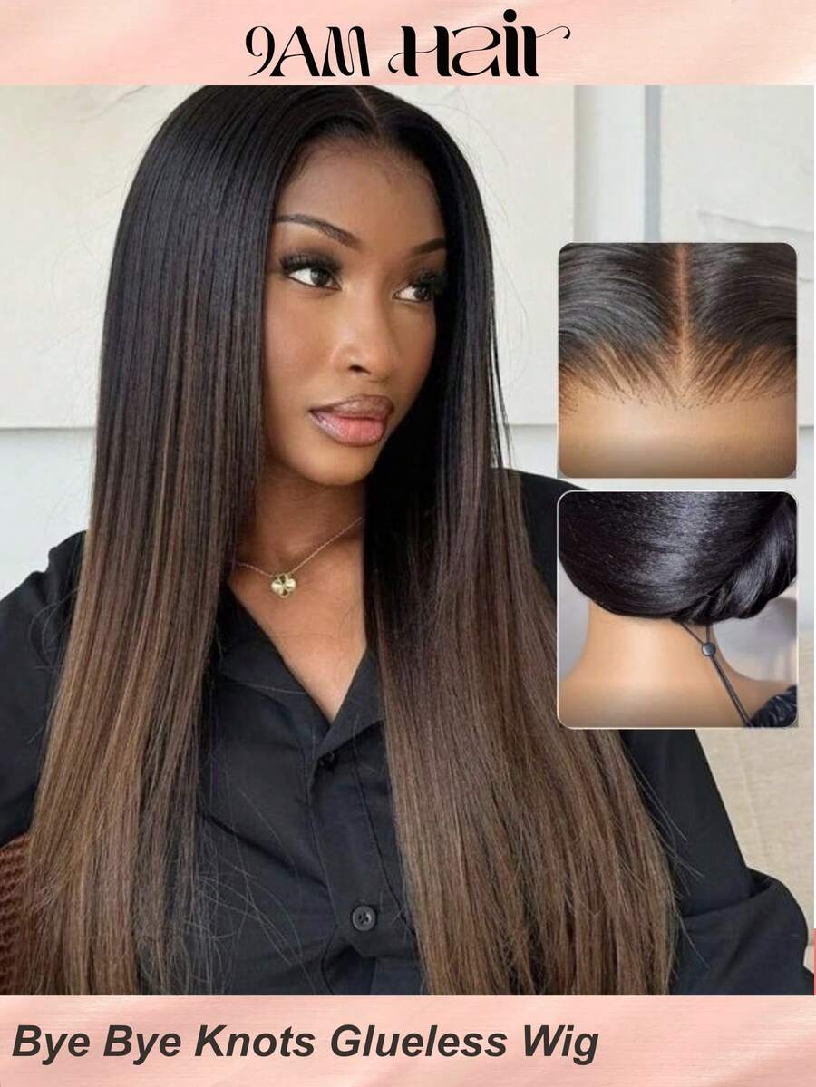 Bye Bye Knots 7x5蕾丝前额无胶直发假发,预剪预漂预拔,黑色发根渐变至栗棕色Yaki直发,配有隐形抽绳,易于佩戴,适合所有头型,透明蕾丝,100%真人发,可染色 - SNATURAL/33 - 查看 1