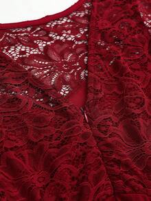 SHEIN Clasi Plus Size Women Summer Contrast Lace Round Neck Sleeveless Elegant Dress Burgundy Color Women Outfit - Burgundy - View 8