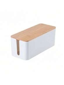 SHEIN 1 pieza Caja de almacenamiento de cables de datos de plástico con tapa de madera, caja organizadora de cables para ocultar cables, caja de almacenamiento de regletas, adecuada para dormitorio, baño, escritorio, sala de estar, oficina, estudio